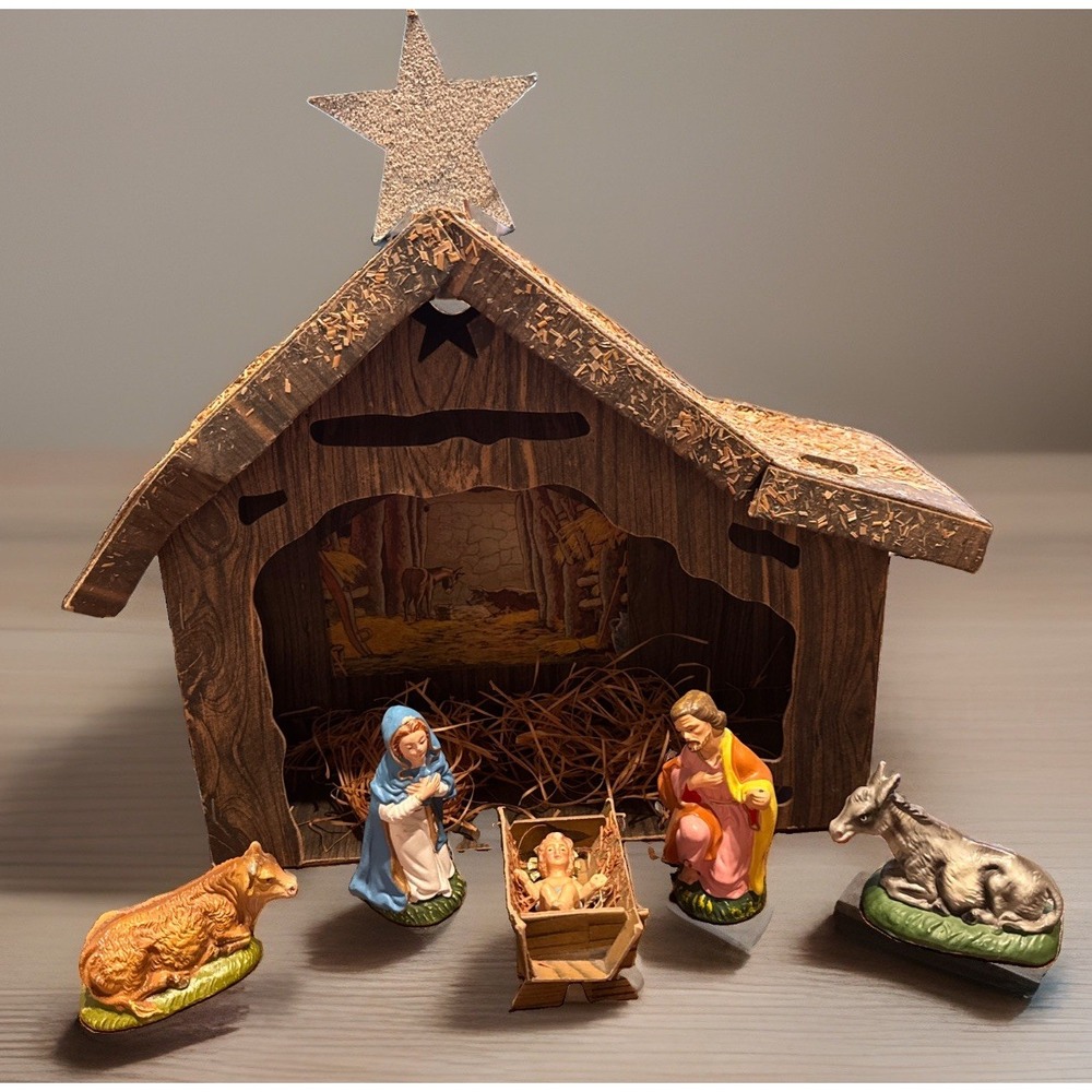 Vtg Cardboard Christmas Nativity Mary Joseph Jesus Sheep Manger 1950 Large